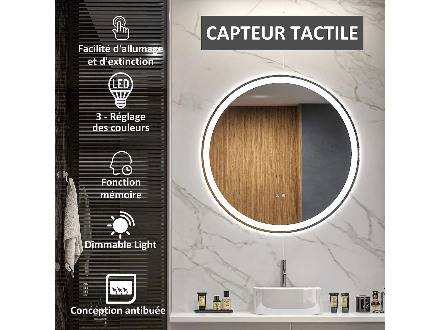 Miroir rond lumineux LED de salle de bain Ø 80 cm mural avec éclairage 3 couleurs interrupteur tactile système antibuée 46W blanc argent