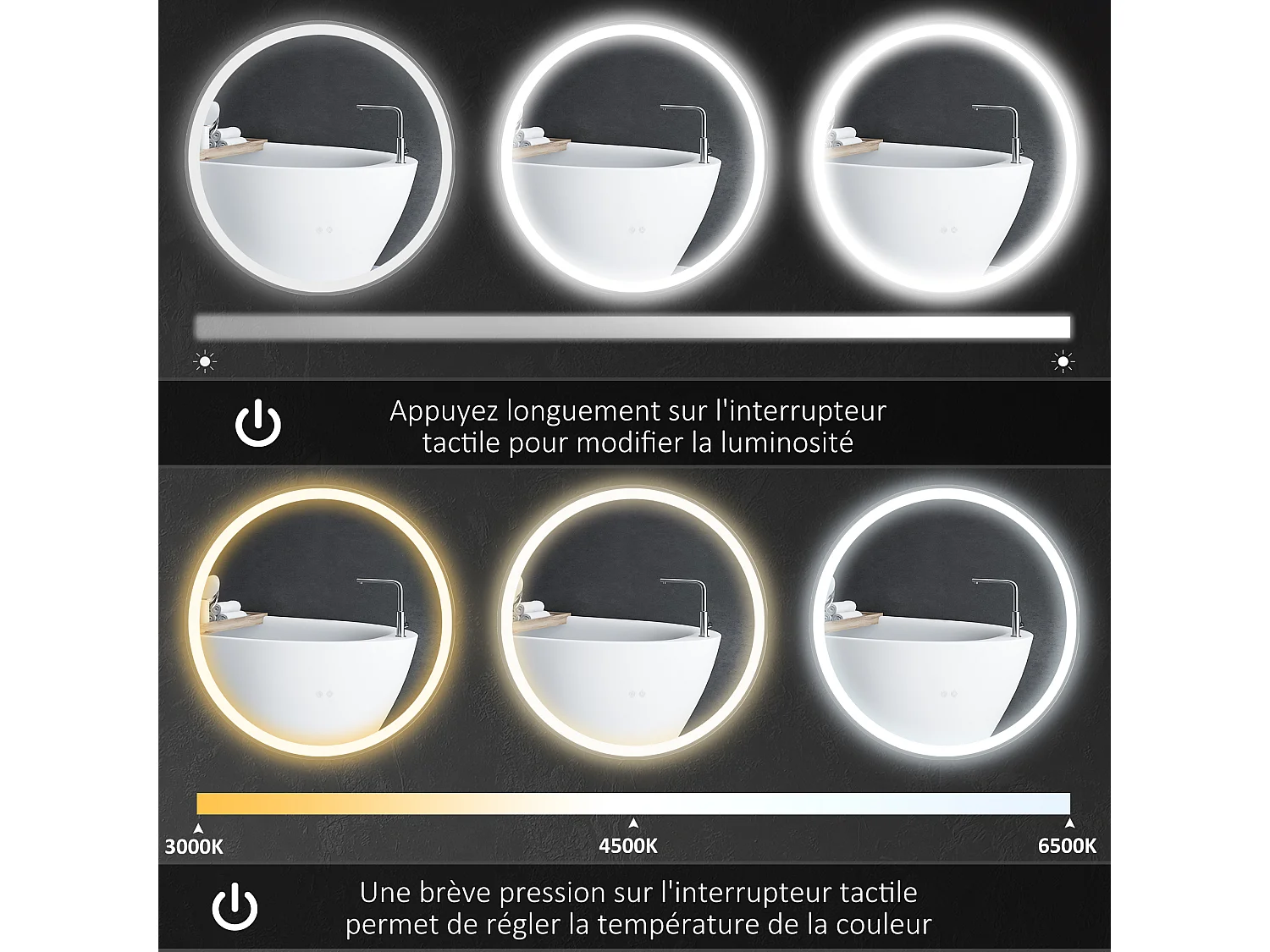 Miroir rond lumineux LED de salle de bain Ø 80 cm mural avec éclairage 3 couleurs interrupteur tactile système antibuée 46W blanc argent