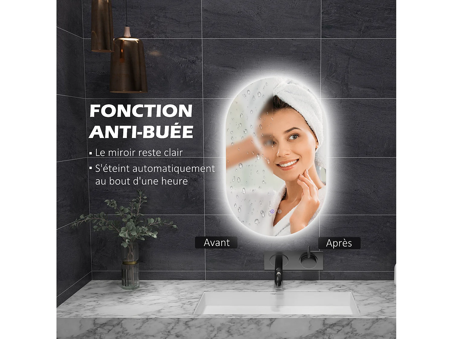 Miroir ovale mural lumineux LED de salle de bain - 81 x 51 cm - avec 3 couleurs, luminosité réglable interrupteur tactile système antibuée transparent