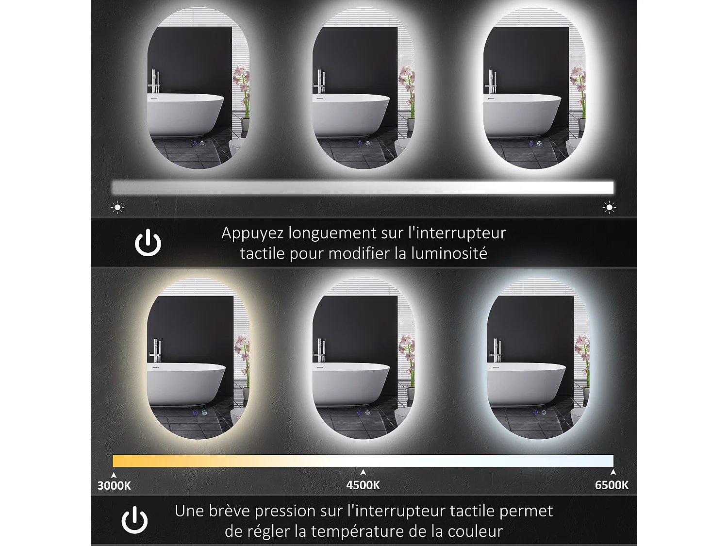 Miroir ovale mural lumineux LED de salle de bain - 81 x 51 cm - avec 3 couleurs, luminosité réglable interrupteur tactile système antibuée transparent