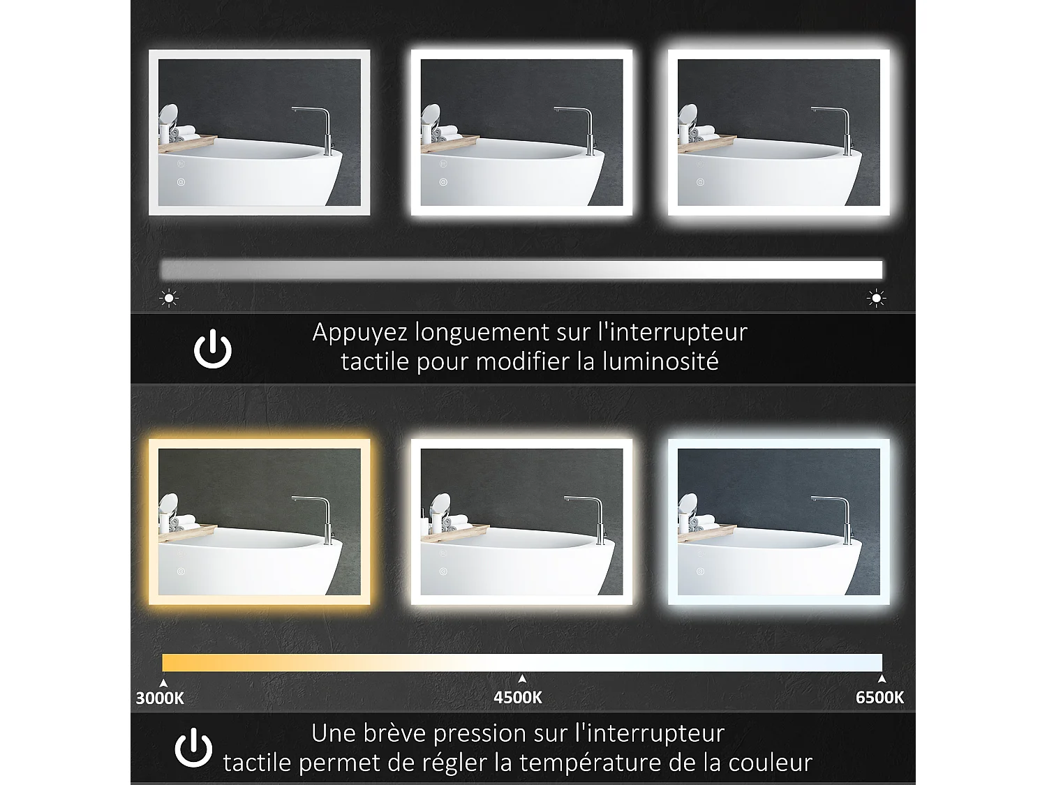 Miroir mural lumineux LED de salle de bain - 70L x 50l cm - avec 3 couleurs, luminosité réglable interrupteur tactile système antibuée transparent