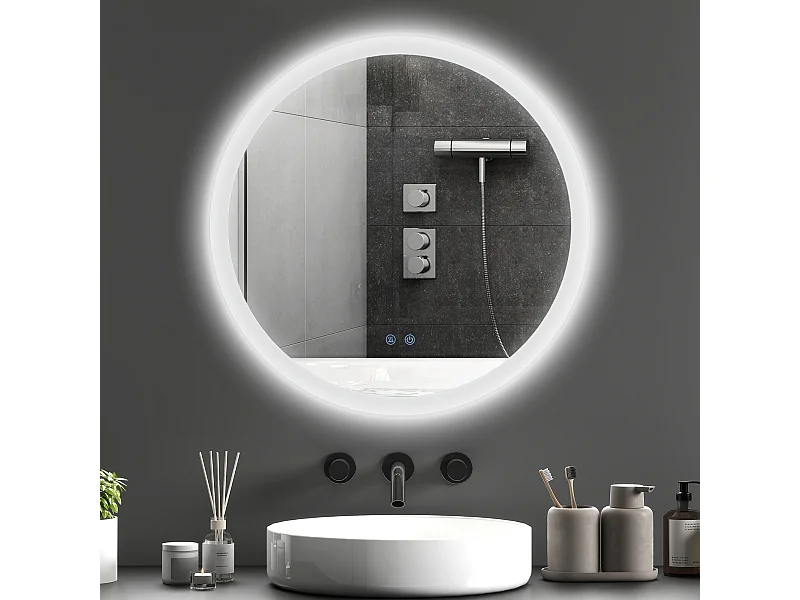 Miroir rond lumineux LED de salle de bain Ø 60 cm mural avec éclairage 3 couleurs interrupteur tactile système antibuée 29 W gris