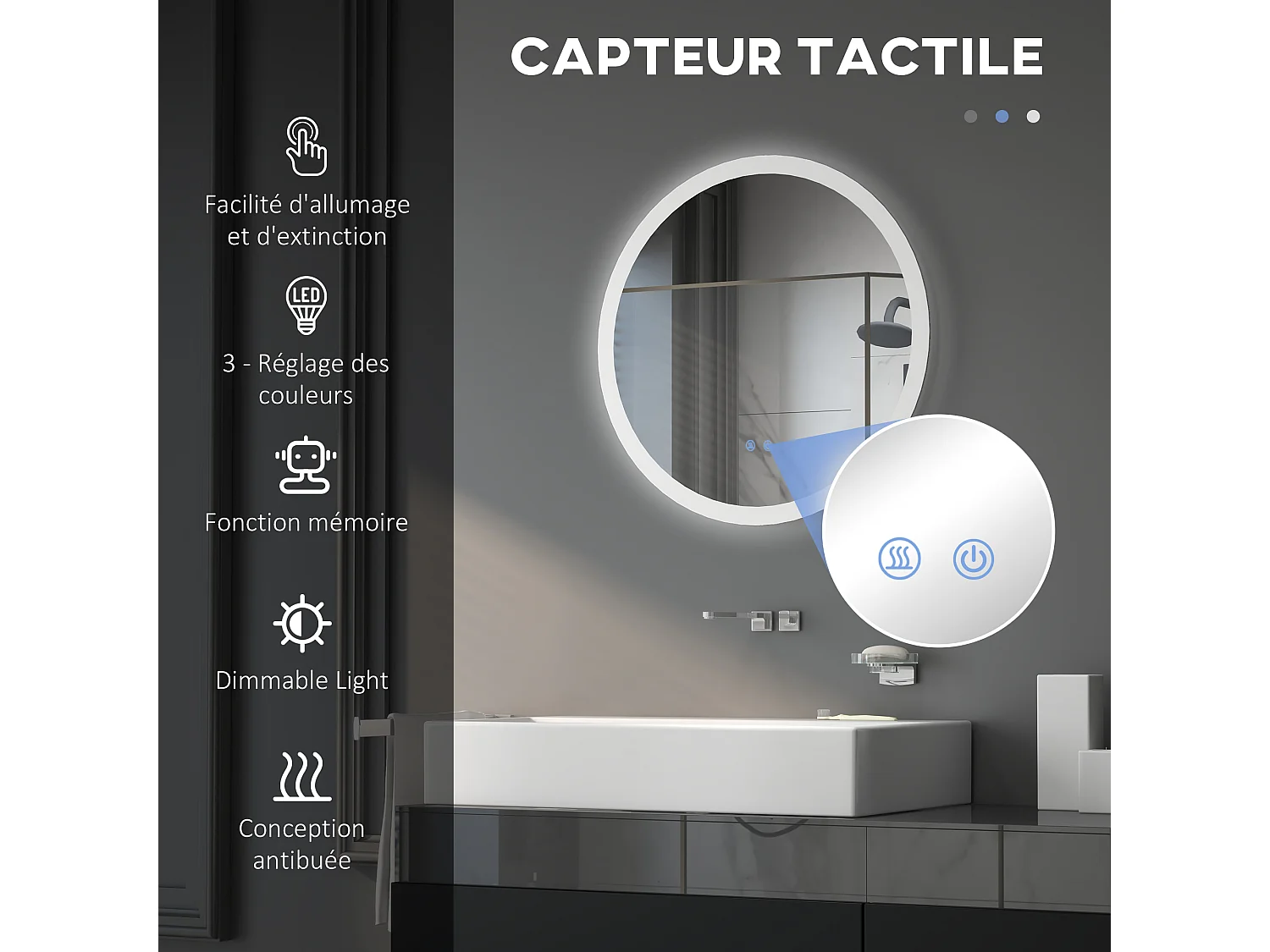 Miroir rond lumineux LED de salle de bain Ø 60 cm mural avec éclairage 3 couleurs interrupteur tactile système antibuée 29 W gris