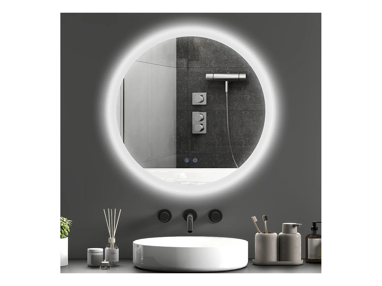 Miroir rond lumineux LED de salle de bain Ø 60 cm mural avec éclairage 3 couleurs interrupteur tactile système antibuée 29 W gris