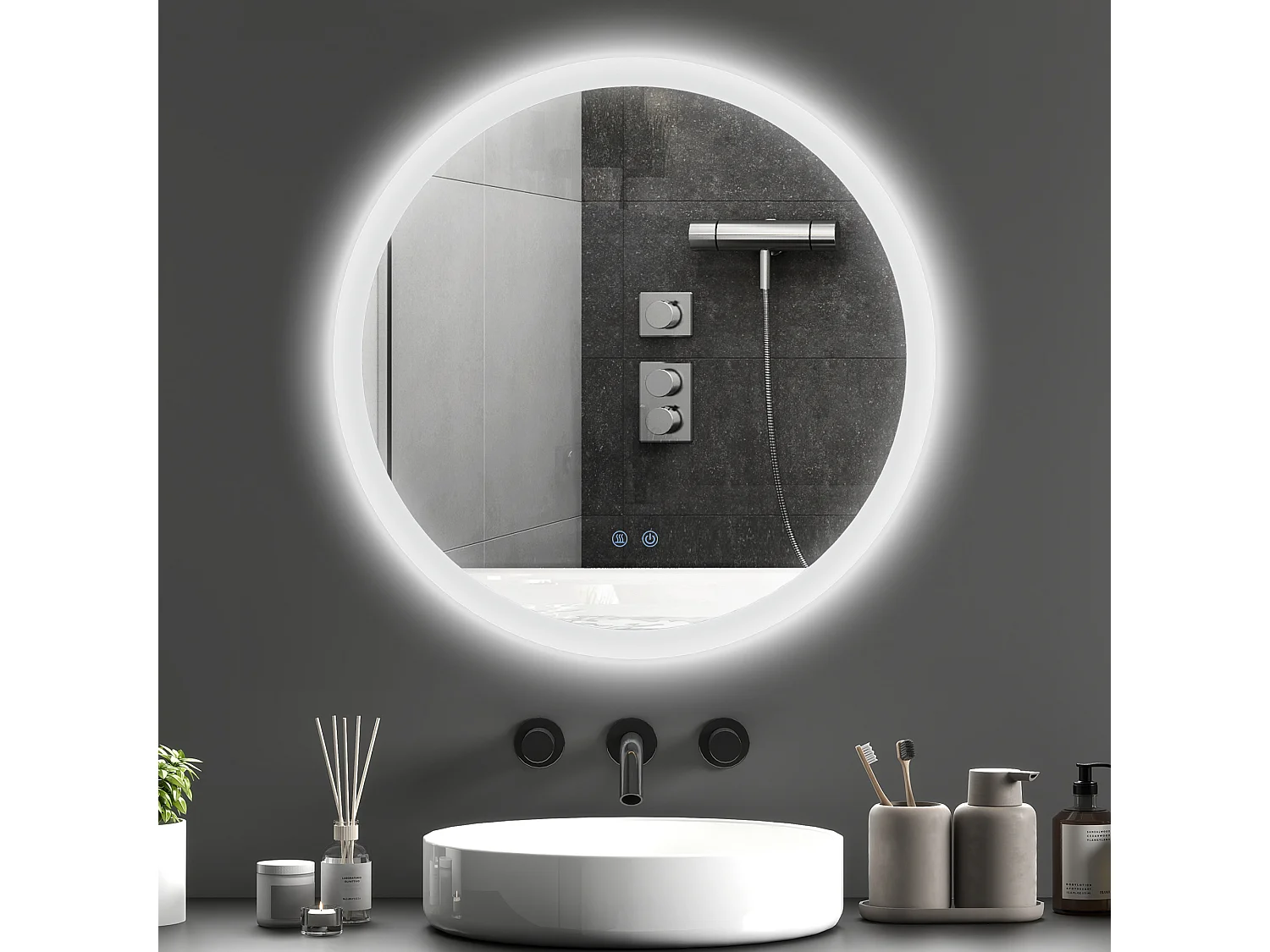 Miroir rond lumineux LED de salle de bain Ø 60 cm mural avec éclairage 3 couleurs interrupteur tactile système antibuée 29 W gris