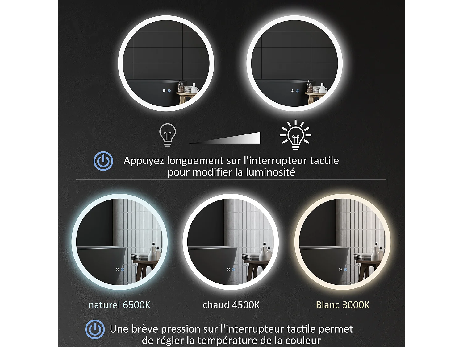 Miroir rond lumineux LED de salle de bain Ø 60 cm mural avec éclairage 3 couleurs interrupteur tactile système antibuée 29 W gris