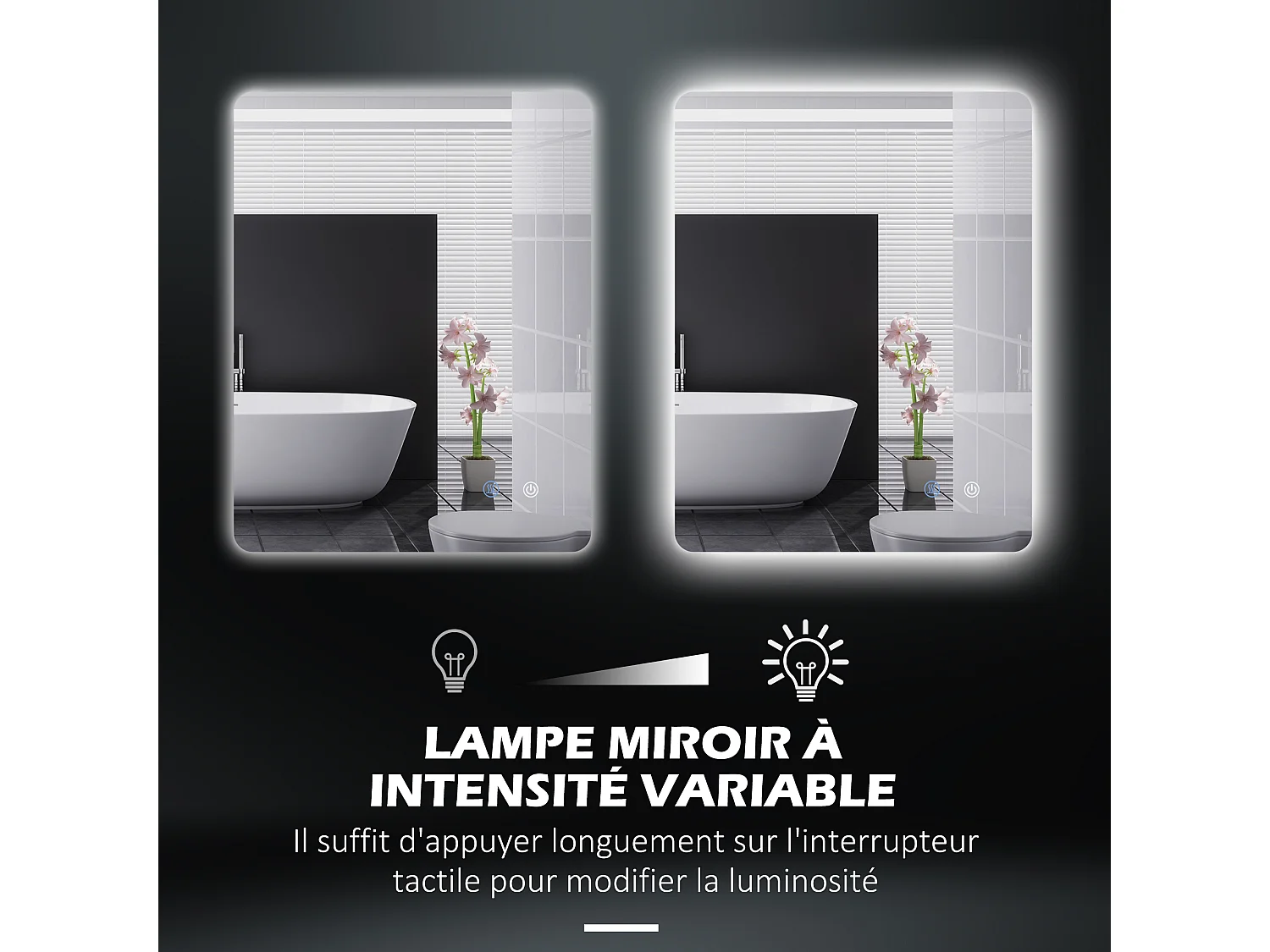 Miroir rectangulaire mural lumineux LED de salle de bain - 80 x 60 cm - 3 couleurs, luminosité réglable interrupteur tactile système antibuée blanc transparent