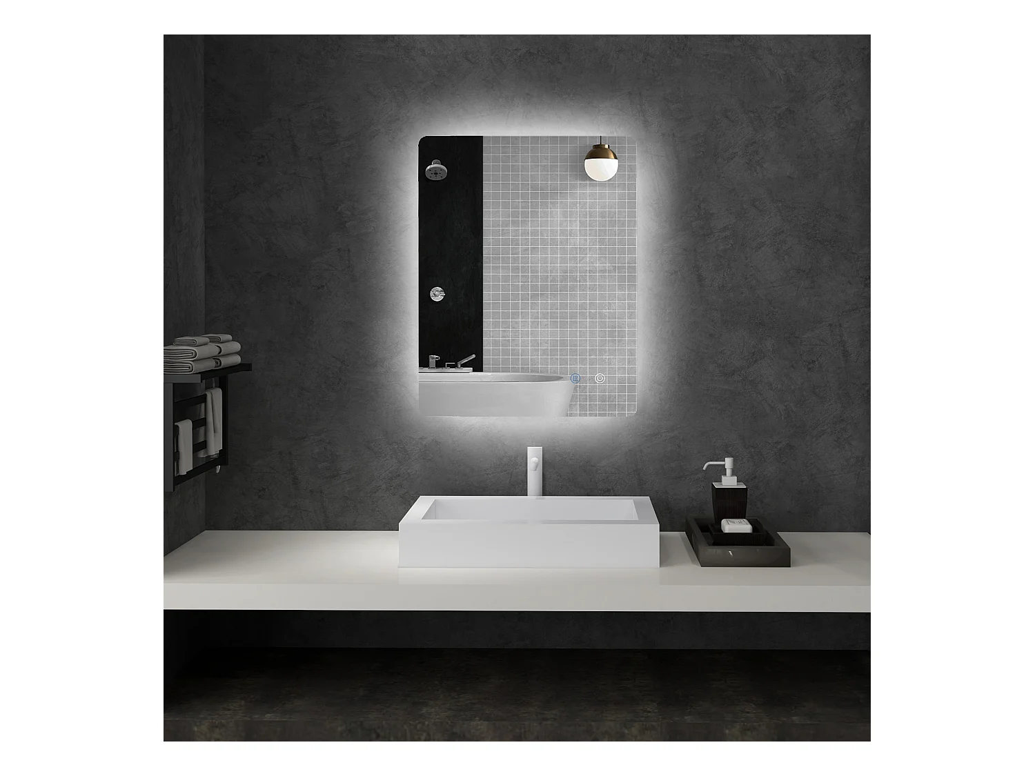 Miroir rectangulaire mural lumineux LED de salle de bain - 80 x 60 cm - 3 couleurs, luminosité réglable interrupteur tactile système antibuée blanc transparent