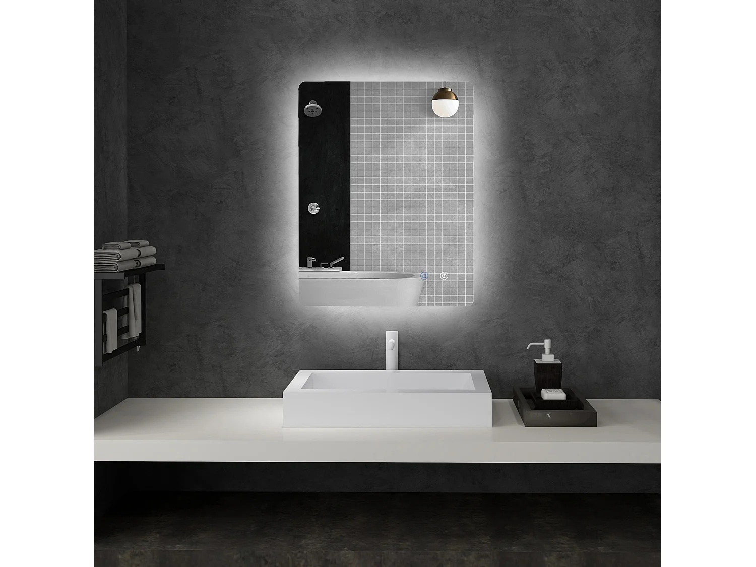 Miroir rectangulaire mural lumineux LED de salle de bain - 80 x 60 cm - 3 couleurs, luminosité réglable interrupteur tactile système antibuée blanc transparent