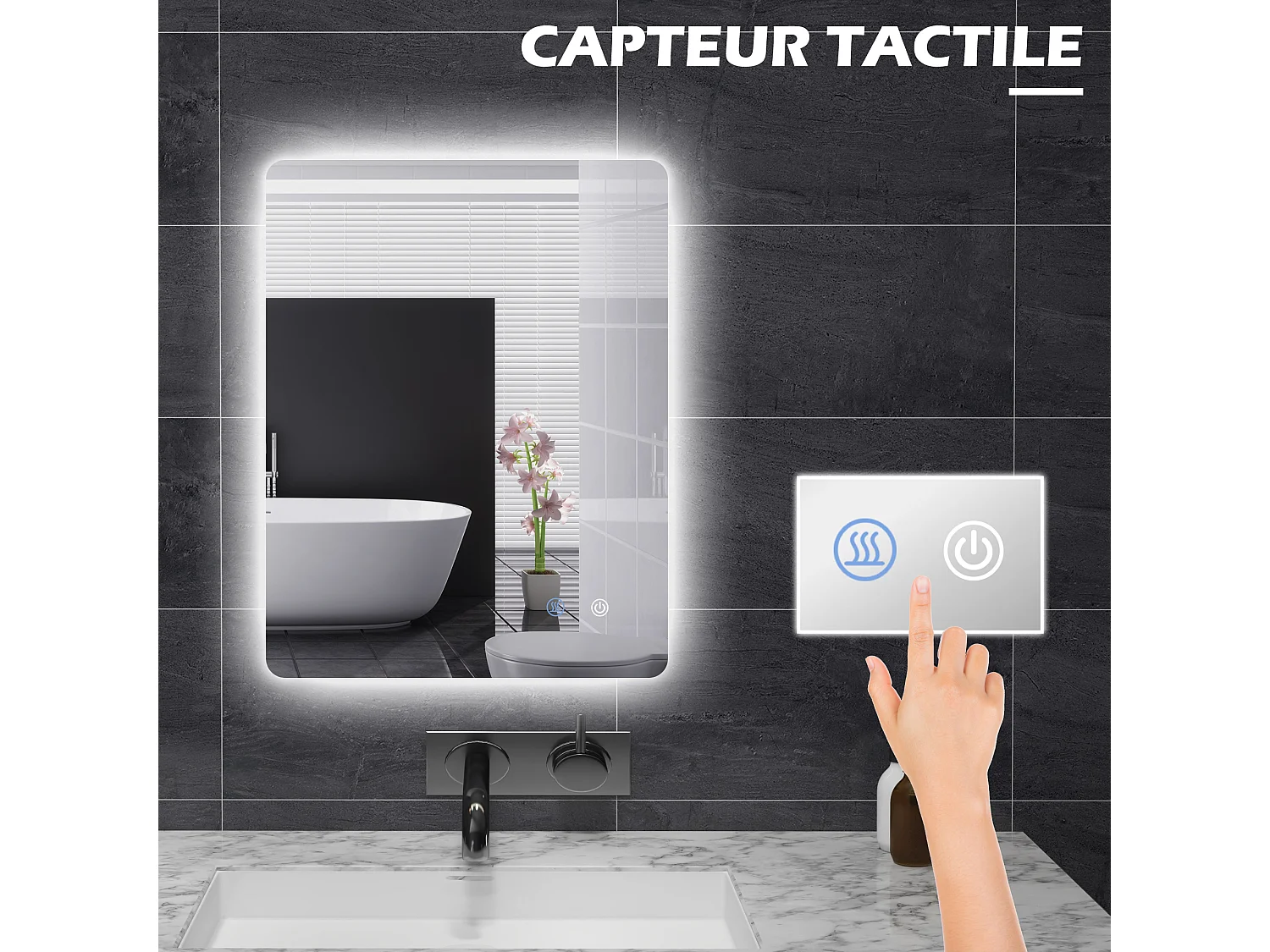Miroir rectangulaire mural lumineux LED de salle de bain - 80 x 60 cm - 3 couleurs, luminosité réglable interrupteur tactile système antibuée blanc transparent