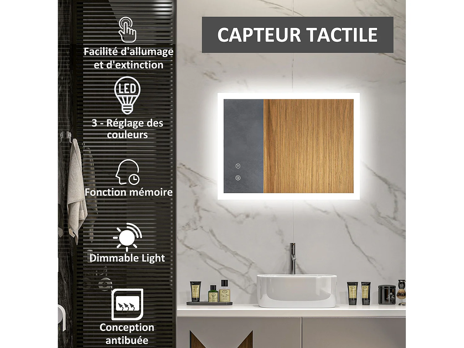 Miroir mural lumineux LED de salle de bain - 80 x 60 cm - avec 3 couleurs, luminosité réglable interrupteur tactile système antibuée transparent