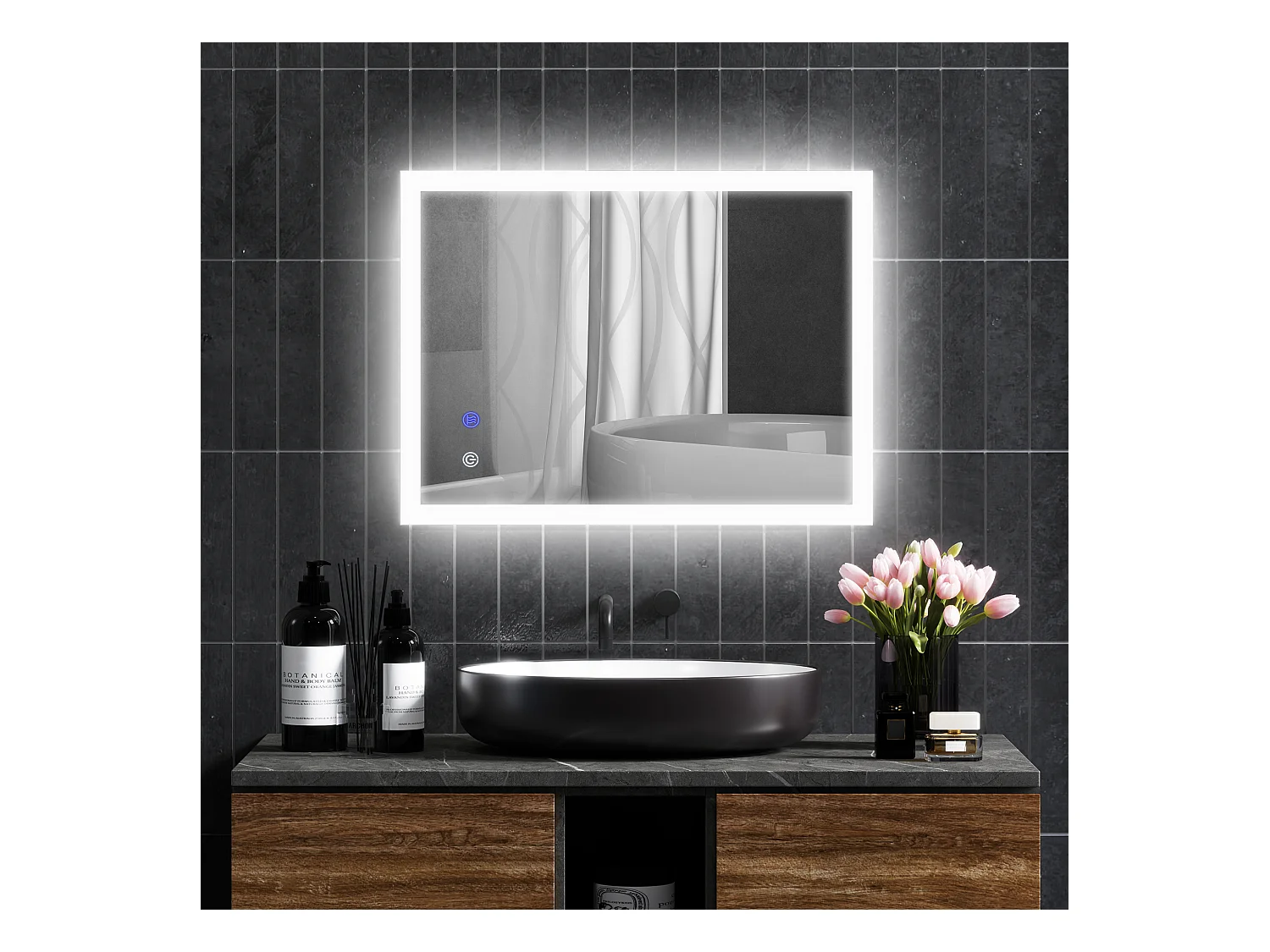 Miroir mural lumineux LED de salle de bain - 80 x 60 cm - avec 3 couleurs, luminosité réglable interrupteur tactile système antibuée transparent