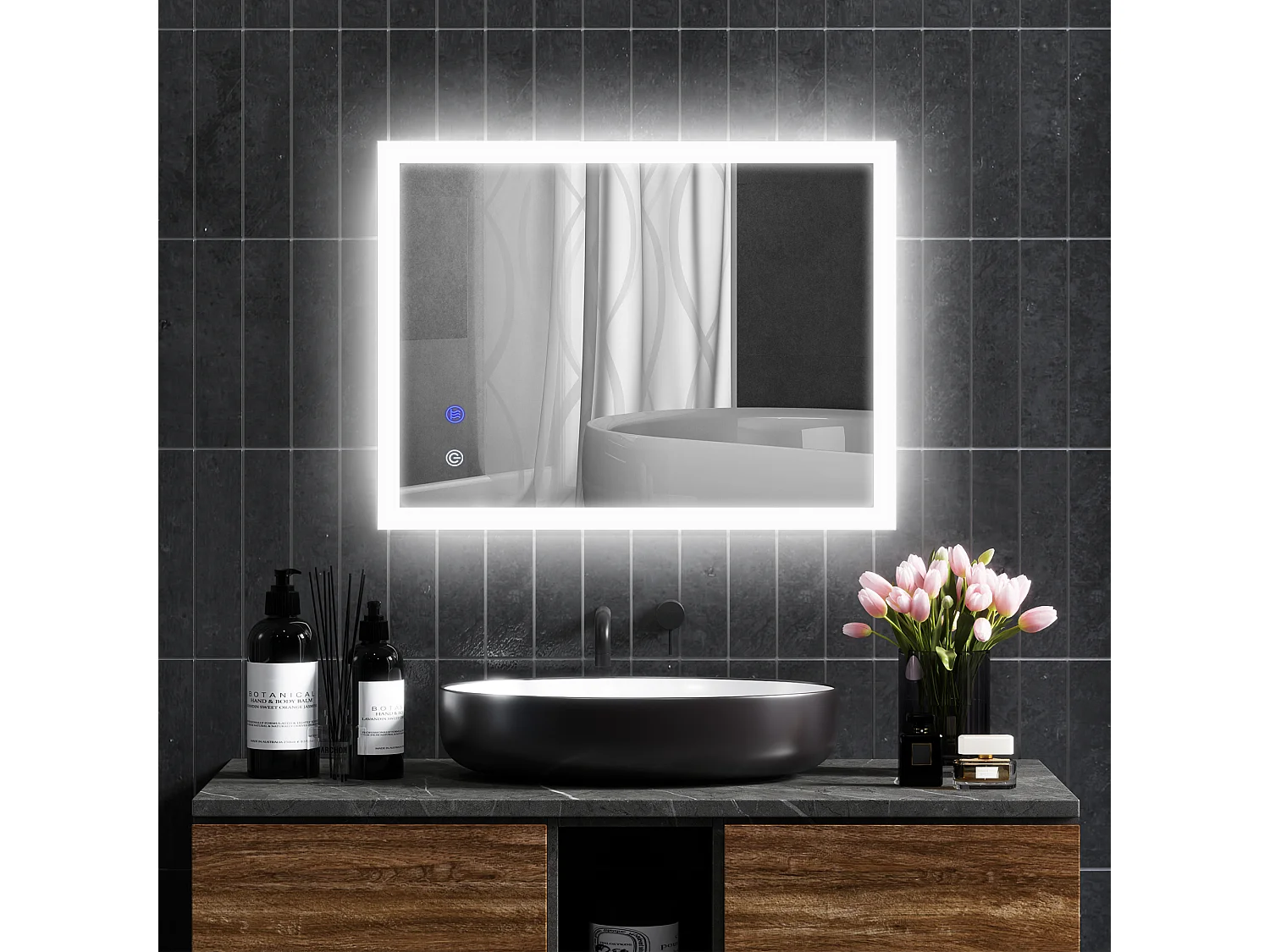 Miroir mural lumineux LED de salle de bain - 80 x 60 cm - avec 3 couleurs, luminosité réglable interrupteur tactile système antibuée transparent