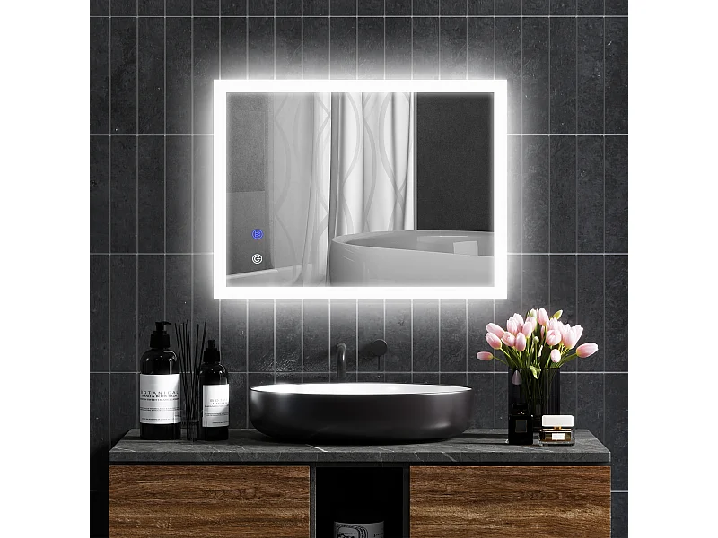 Miroir mural lumineux LED de salle de bain - 80 x 60 cm - avec 3 couleurs, luminosité réglable interrupteur tactile système antibuée transparent