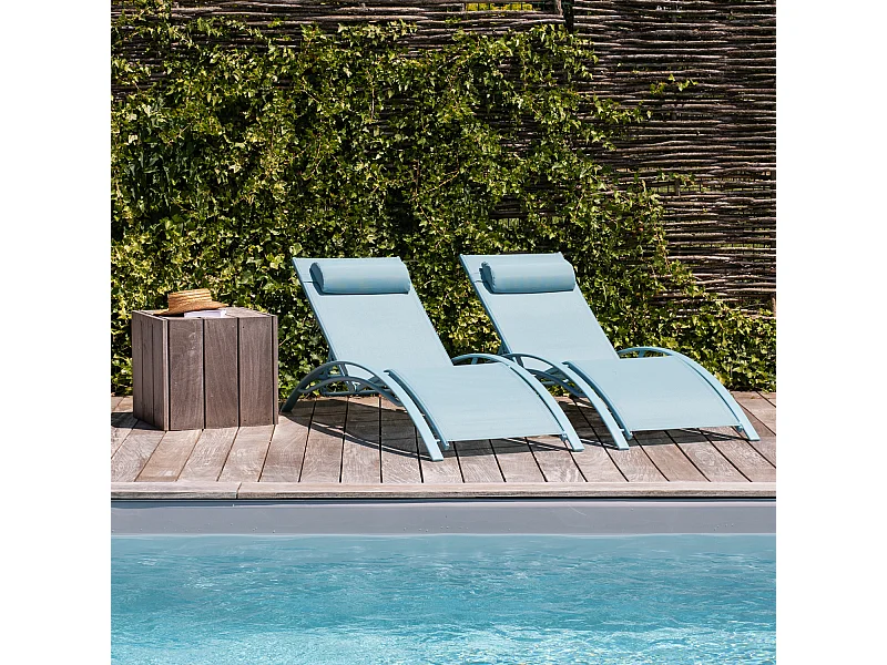 Lot de 2 transats GALAPAGOS en textilène bleu clair - aluminium bleu clair - HAPPY GARDEN