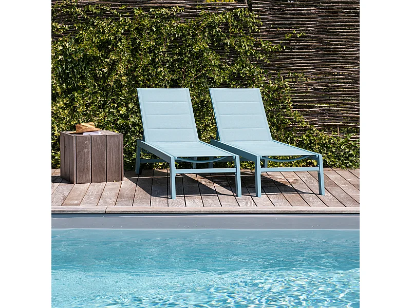 Lot de 2 bains de soleil BARBADOS en textilène bleu clair - aluminium bleu clair - HAPPY GARDEN