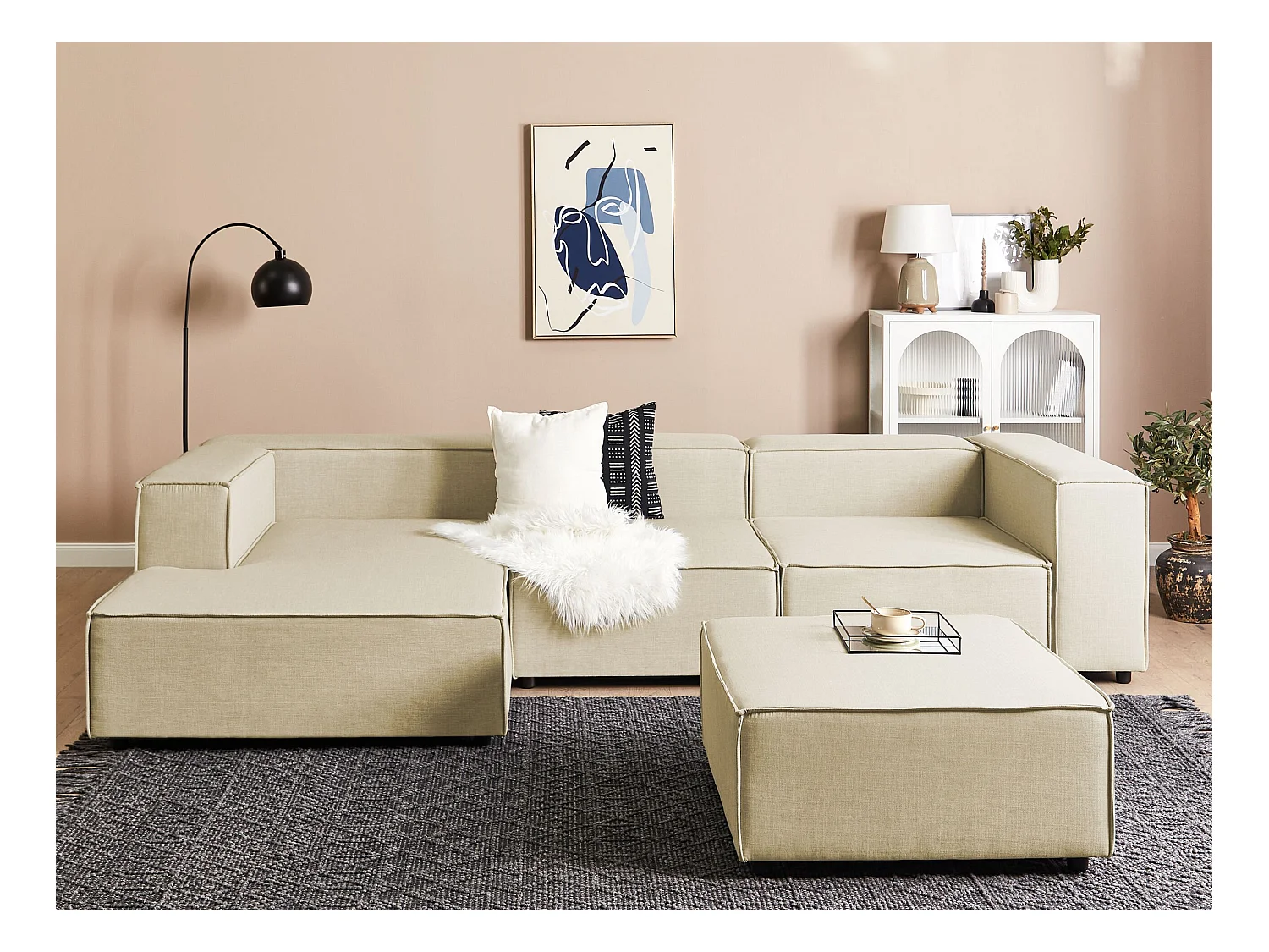 Modulaire hoekbank APRICA Kunstlinnen Beige Met ottomaan 3-zitter Rechterzijde