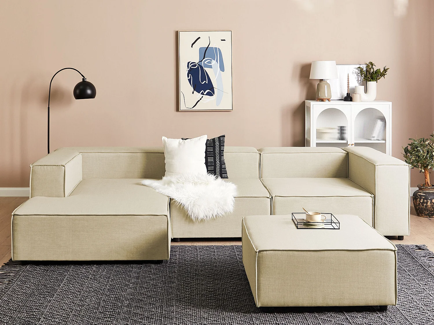Canapé d'Angle à gauche Modulable avec 3 Places et Pouf en Lin Beige Aprica