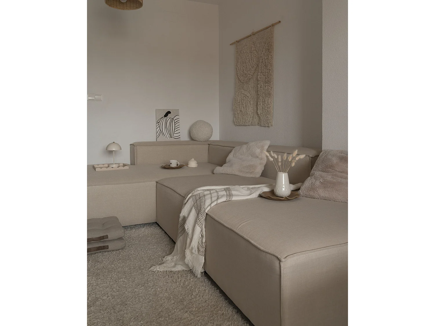 Modulaire hoekbank APRICA Kunstlinnen Beige Met ottomaan 3-zitter Rechterzijde