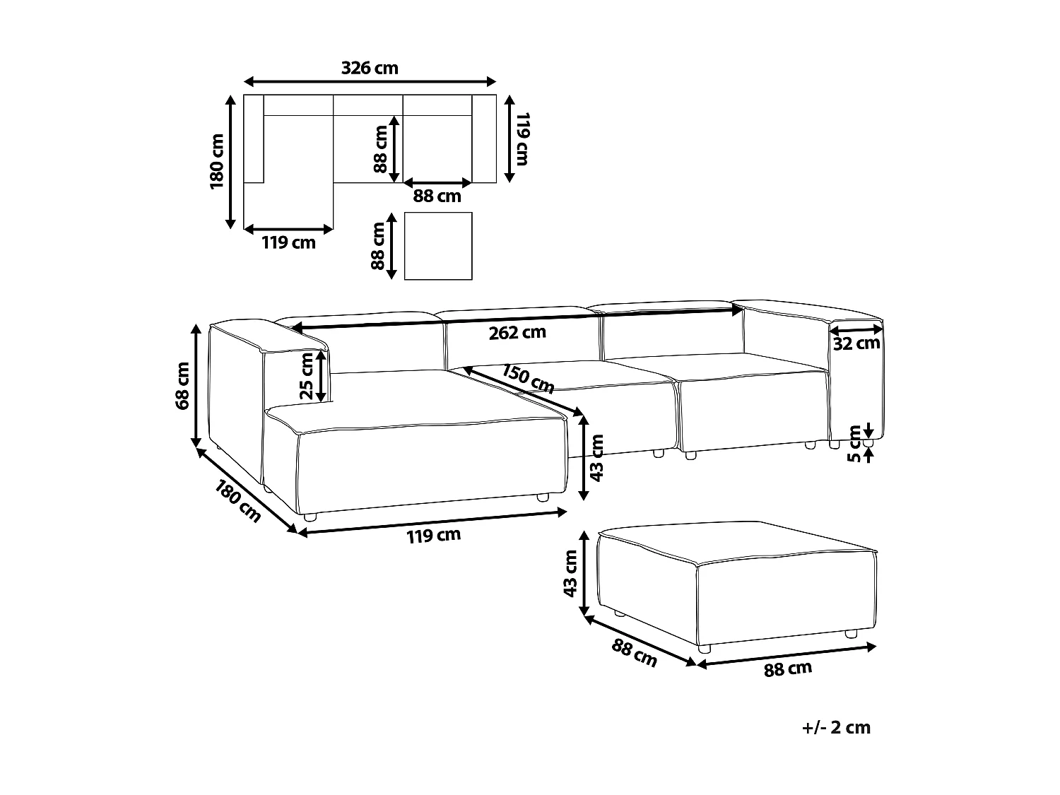 Canapé d'angle modulable APRICA Lin synthétique Beige avec ottoman 3 places Côté droit