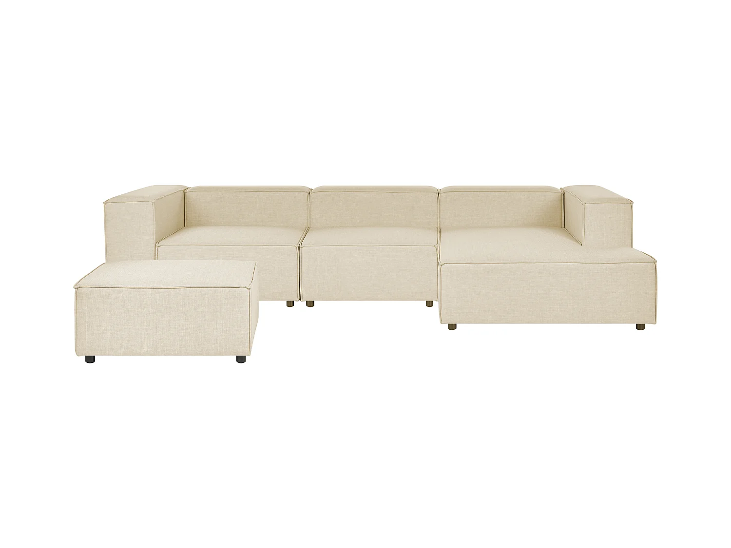 Canapé d'Angle à droite Modulable avec 3 Places et Pouf en Lin Beige Aprica