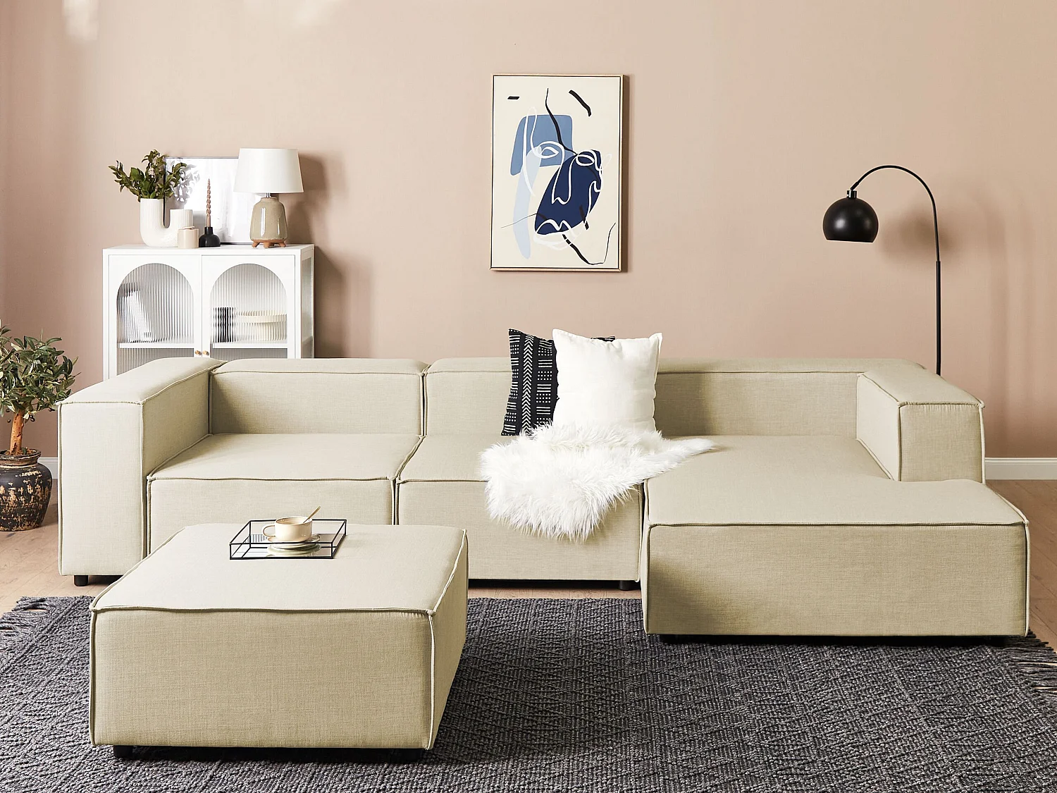 Canapé d'angle modulable APRICA Lin synthétique Beige avec ottoman 3 places Côté gauche