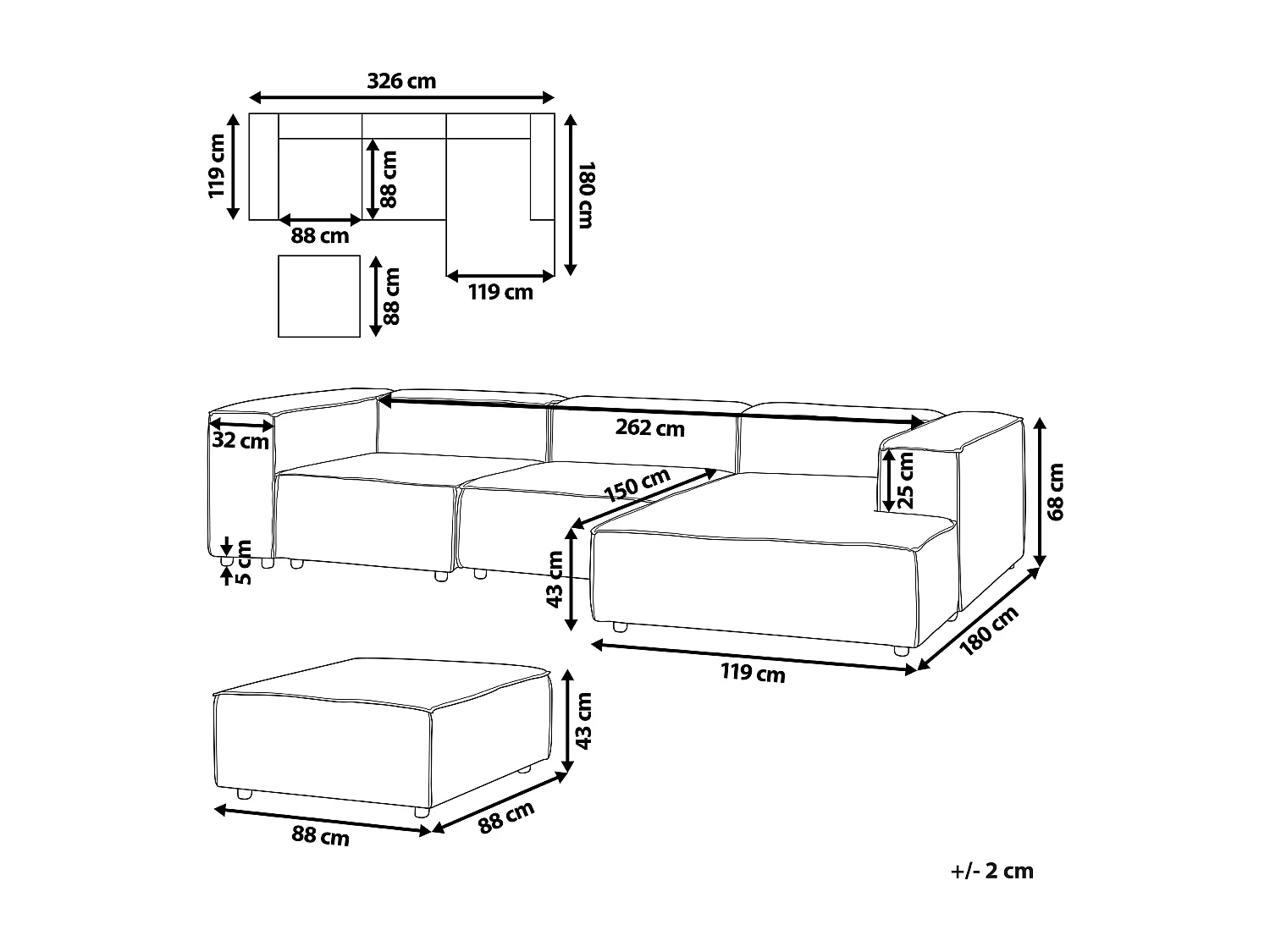 Canapé d'angle modulable APRICA Lin synthétique Beige avec ottoman 3 places Côté gauche