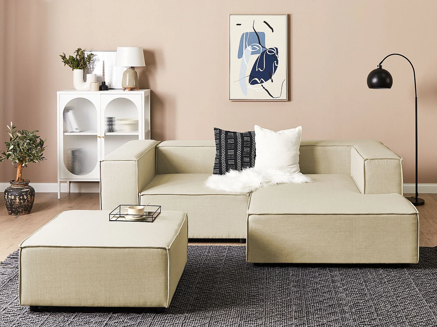 Canapé d'Angle à droite Modulable avec 2 Places et Pouf en Lin Beige Aprica