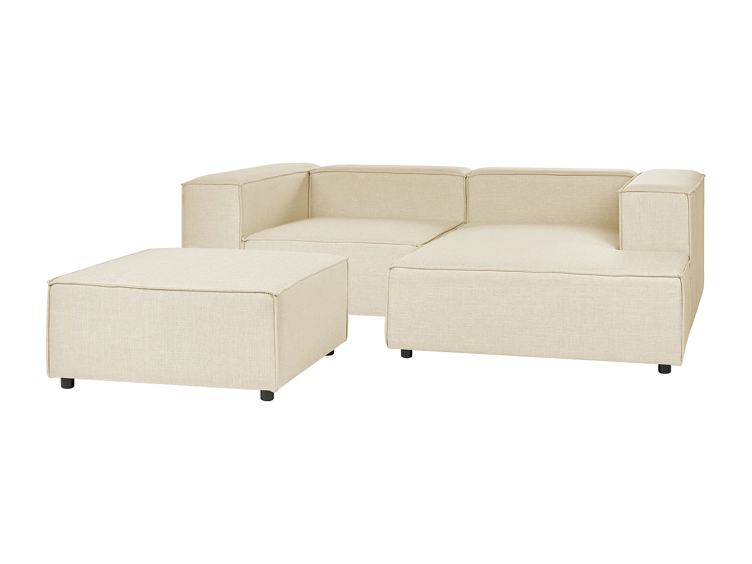 Canapé d'Angle à droite Modulable avec 2 Places et Pouf en Lin Beige Aprica