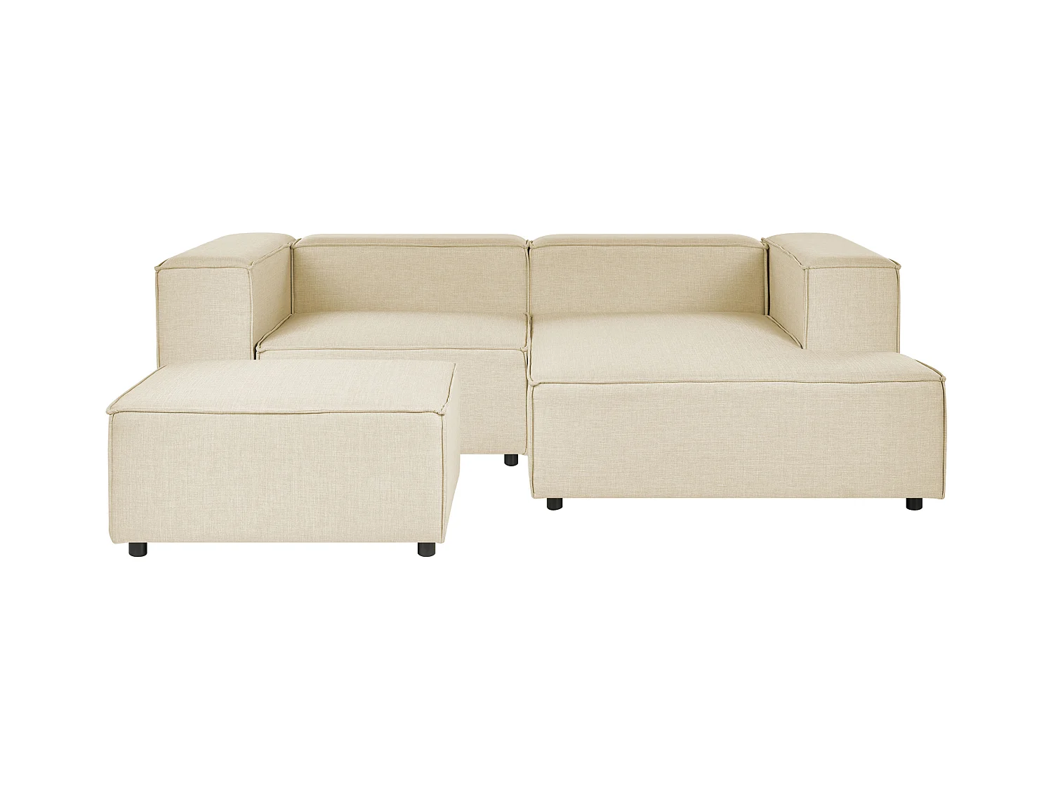 Canapé d'Angle à droite Modulable avec 2 Places et Pouf en Lin Beige Aprica