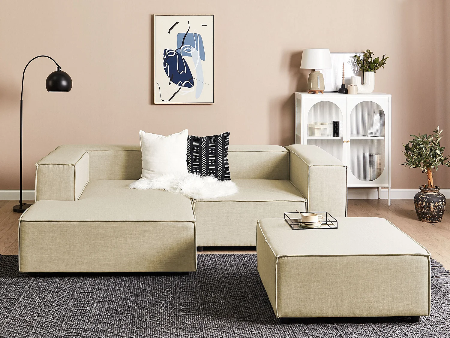 Modul-Ecksofa Leinen beige 2-Sitzer Sofa mit Ottomane Chaiselongue rechts Aprica