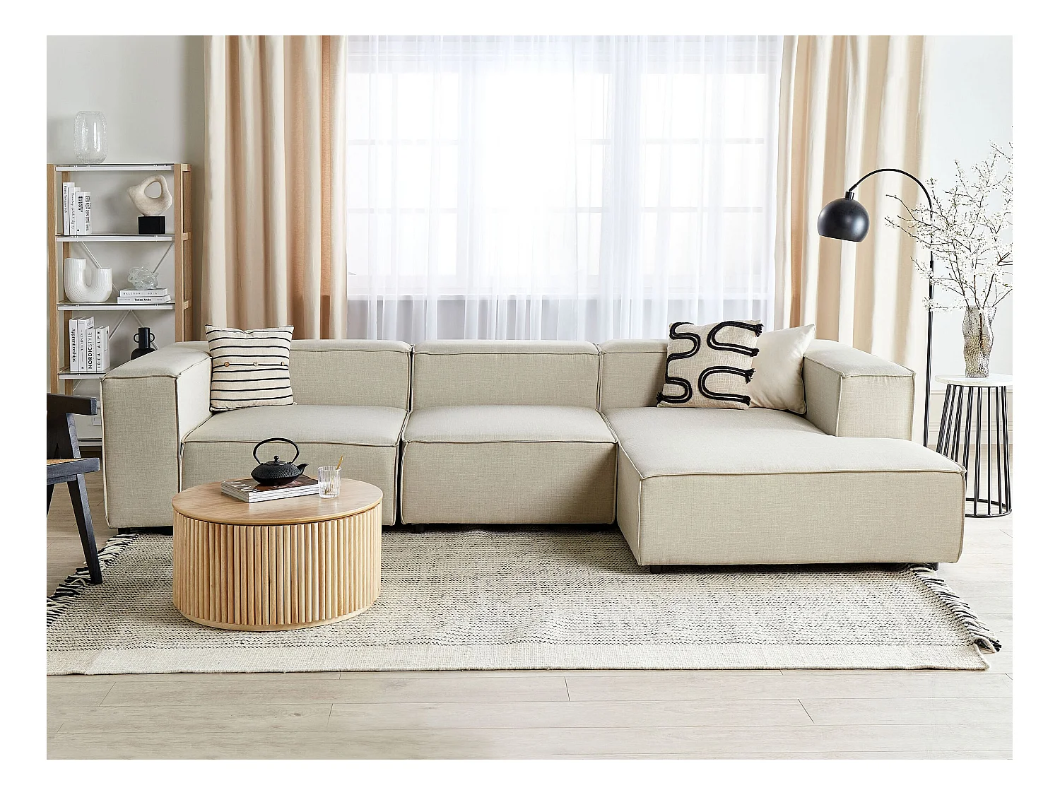 Canapé d'Angle Moderne Côté droite 3 Places Modulable en Lin Beige Aprica