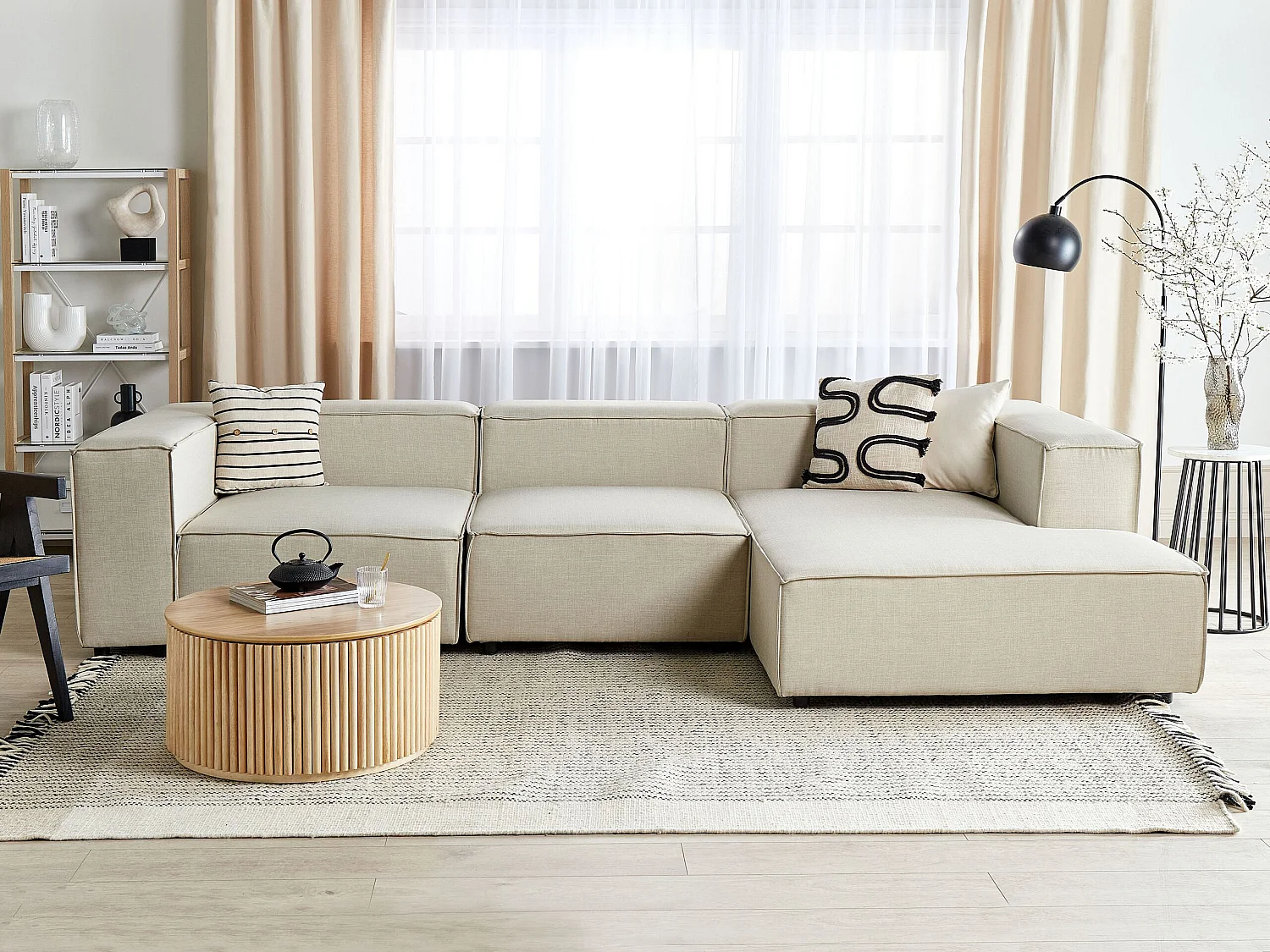 Canapé d'Angle Moderne Côté droite 3 Places Modulable en Lin Beige Aprica