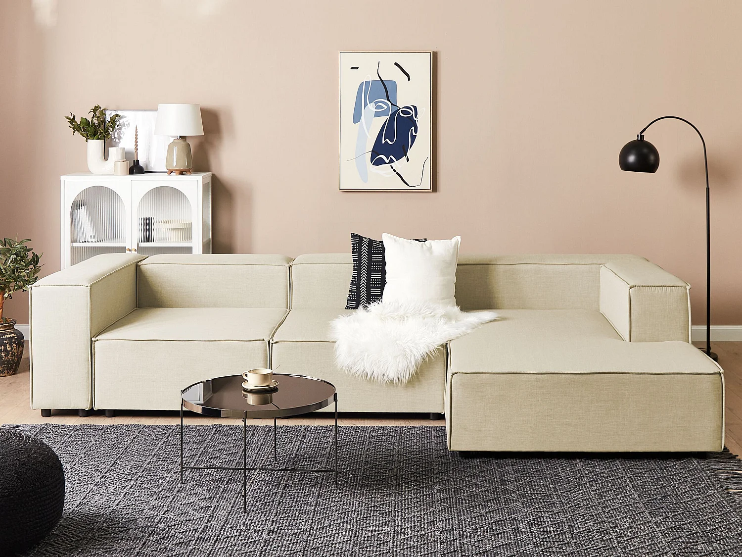 Canapé d'Angle Moderne Côté droite 3 Places Modulable en Lin Beige Aprica