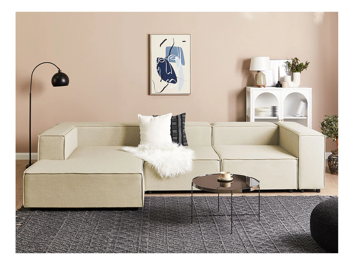 Modul-Ecksofa Leinen beige 3-Sitzer Sofa mit Chaiselongue rechtsseitig Aprica