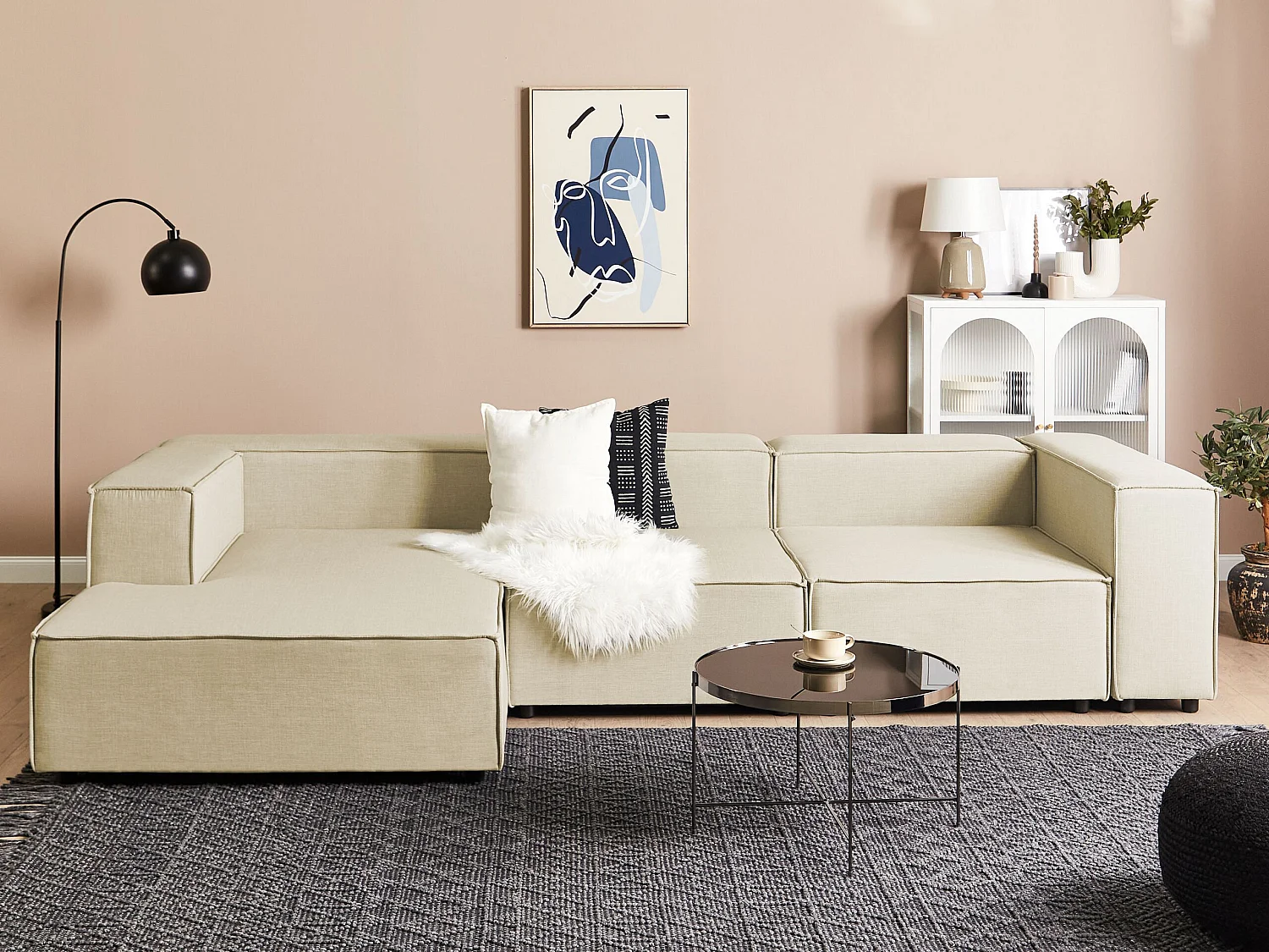 Canapé d'angle modulable APRICA Lin synthétique Beige 3 places Côté droit