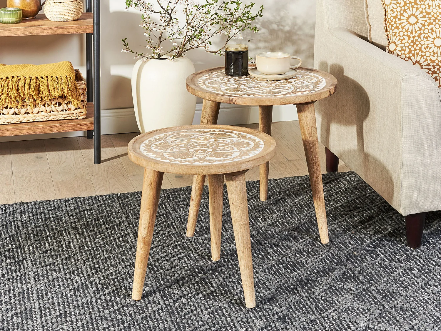 Beistelltisch 2er Set SAKITA Mango Holz Braun / Weiss