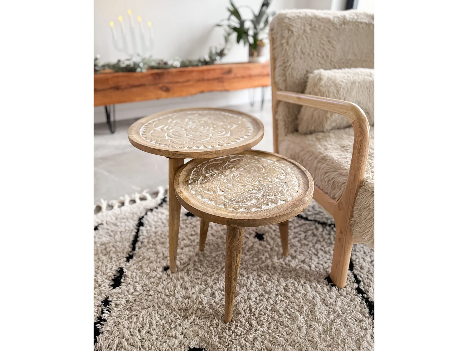 Beistelltisch 2er Set SAKITA Mango Holz Braun / Weiss