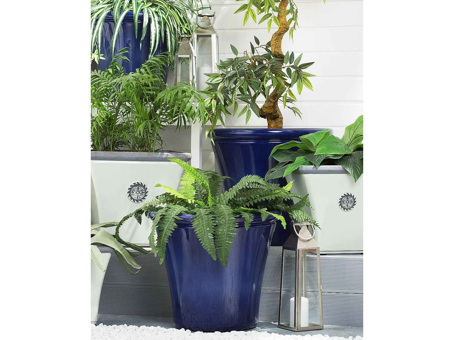 Blumentopf Lehm / Glasfaser blau 2er Set rund ⌀ 50 cm Outdoor Modern Kokkino