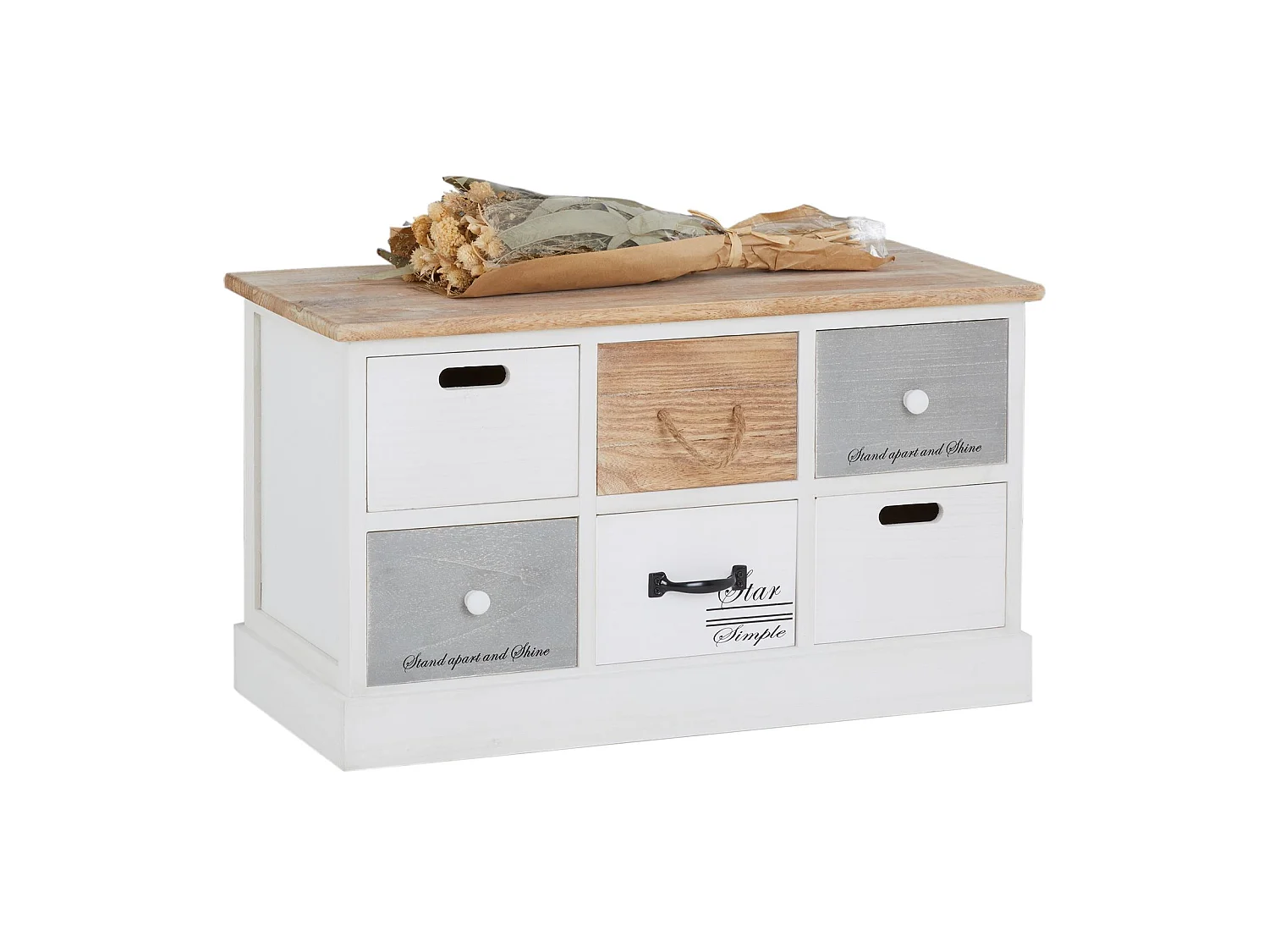 Banc de rangement SALVA coffre avec 6 tiroirs, en bois de paulownia blanc style vintage rétro