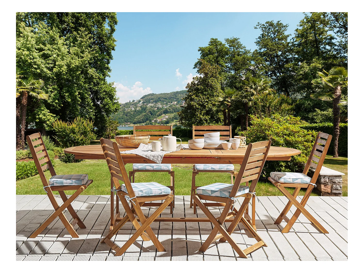 Outdoor-Sitzkissen 6er Set blau / weiß geometrisches Motiv für Gartenstuhl Tolve