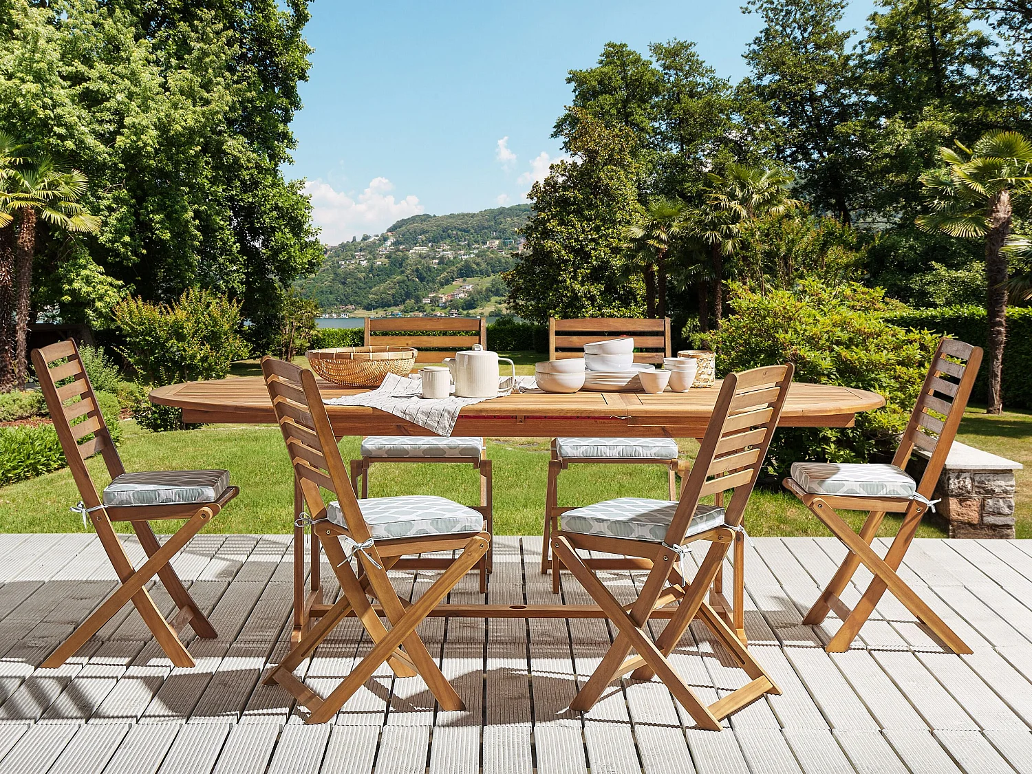 Outdoor-Sitzkissen 6er Set grün / weiß geometrisches Motiv für Gartenstuhl Tolve