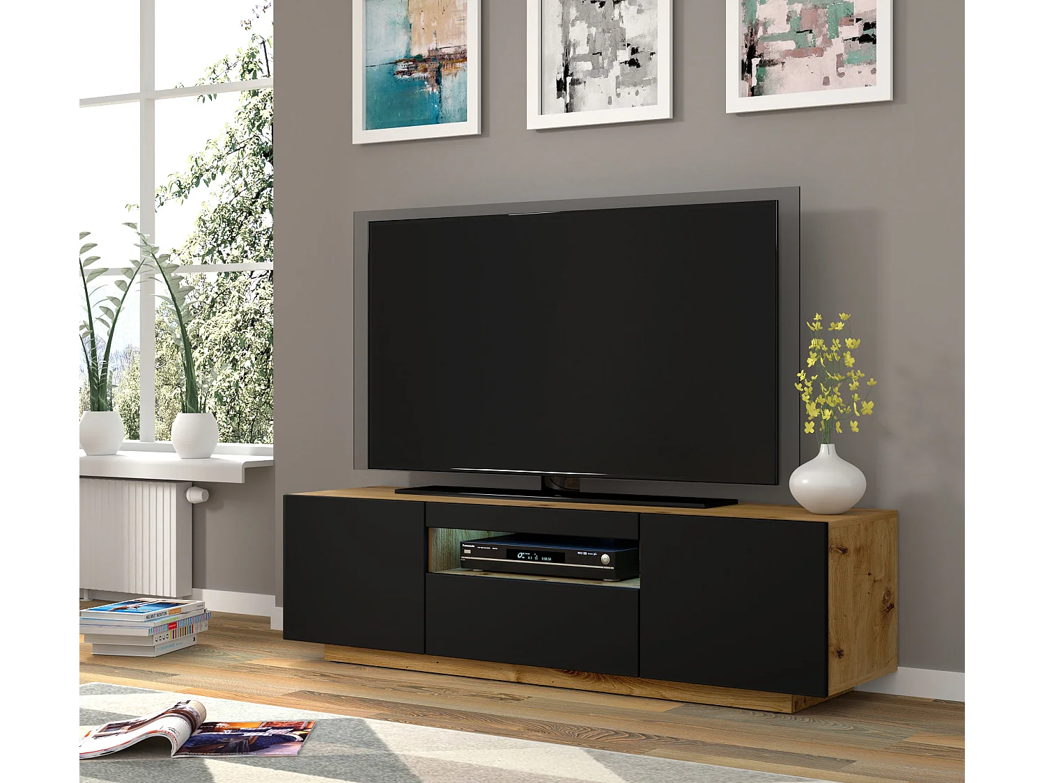 Aurus Zwart en Hout 3-deurs LED TV wandmeubel 150 cm