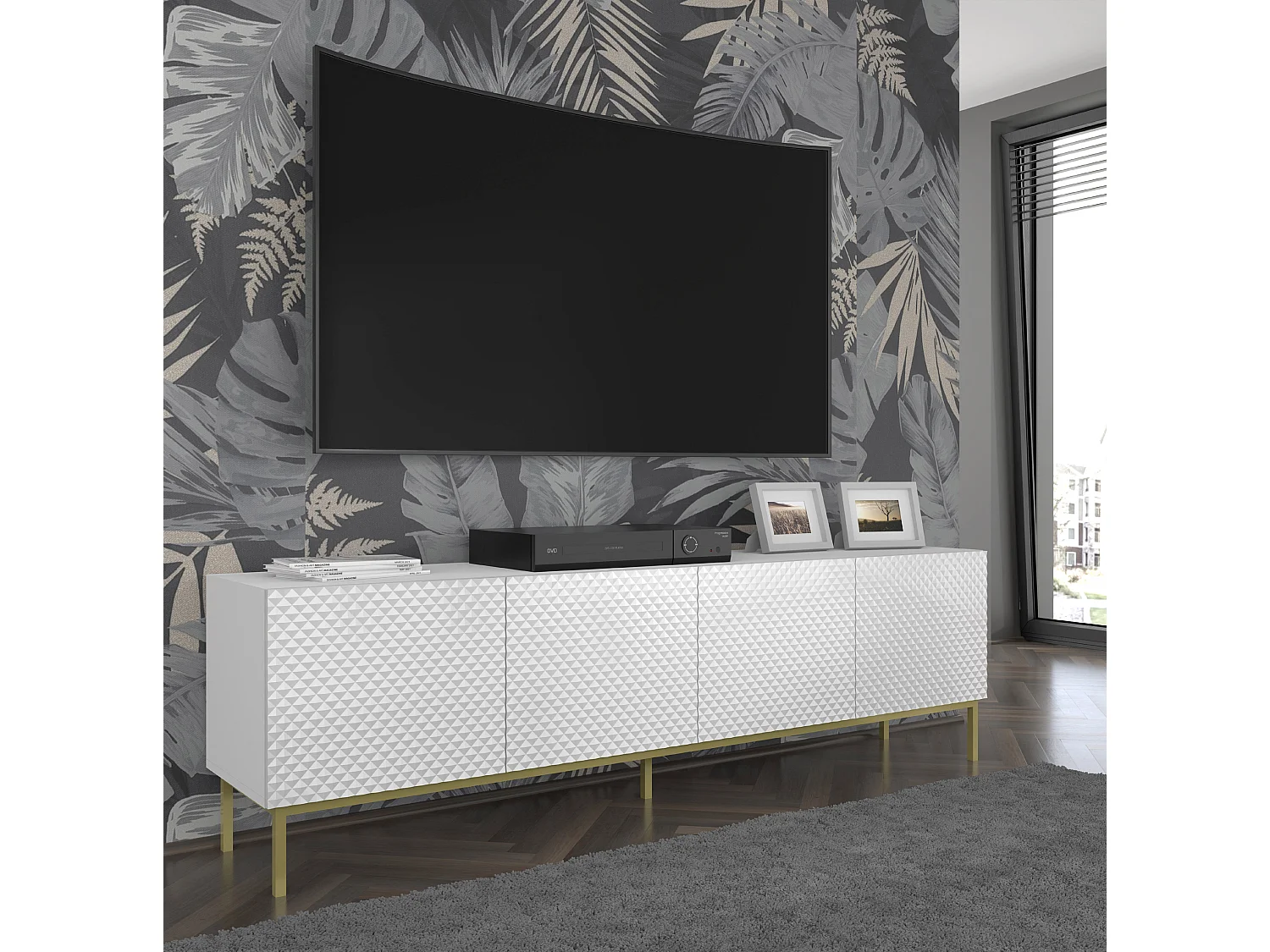 Fernsehtisch RavennaC 200x42x58 Weiß & Golden