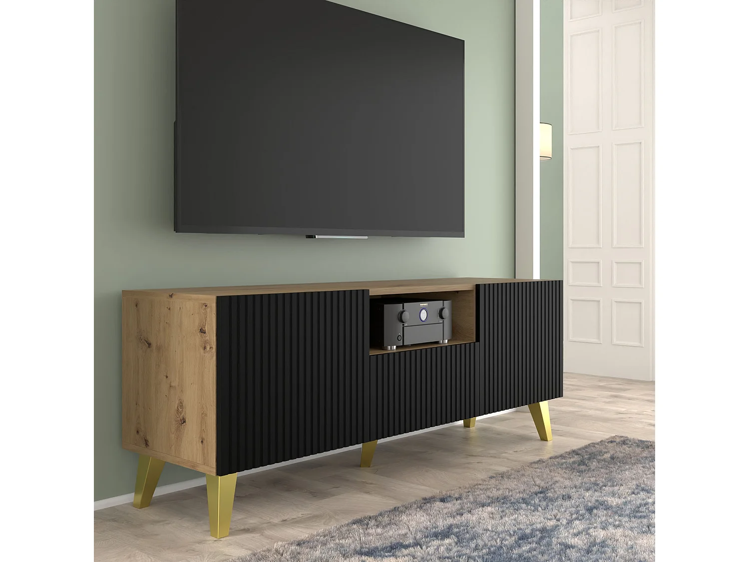 Móvel TV RAVENNA PB 150 cm carvalho artisan e preto mate com pés dourados