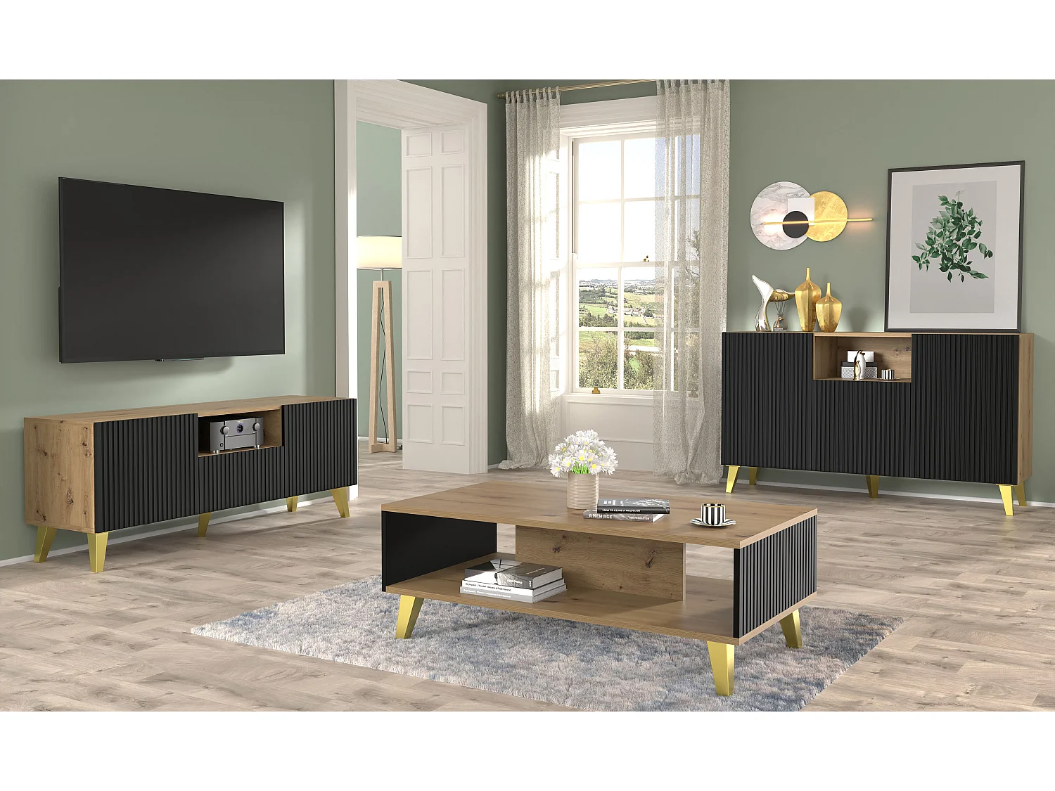 Móvel TV RAVENNA PB 150 cm carvalho artisan e preto mate com pés dourados