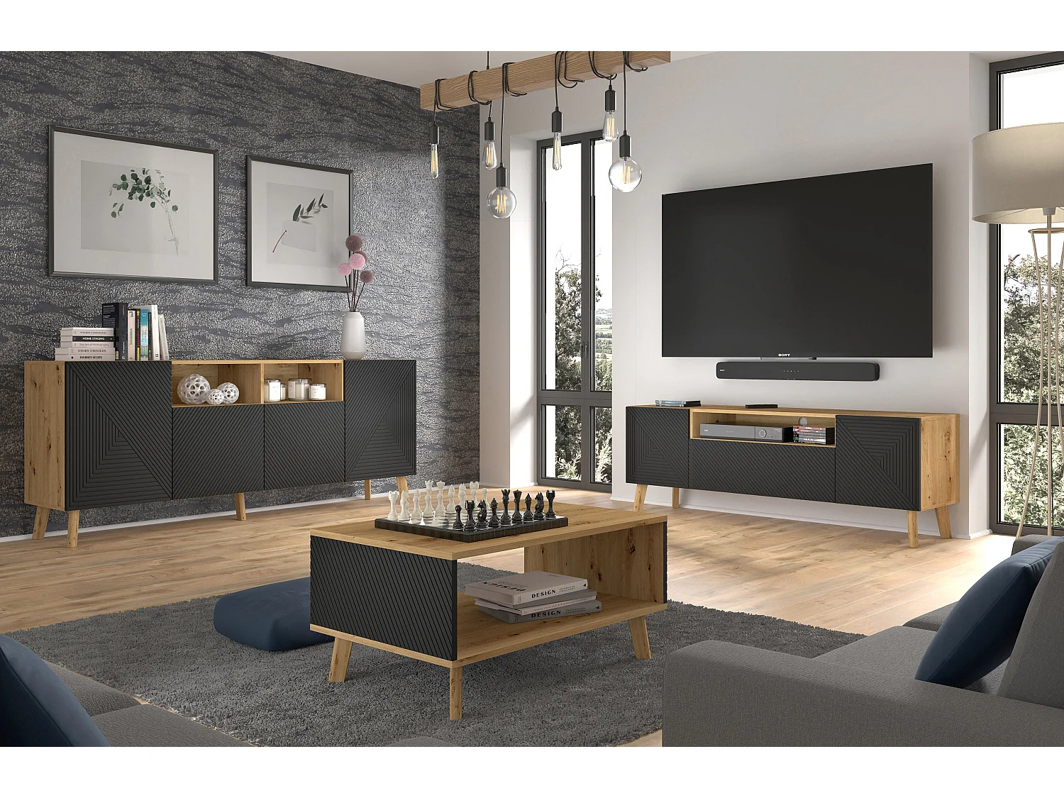 Nexa Wood en Zwart 3-deurs TV-meubel 160 cm