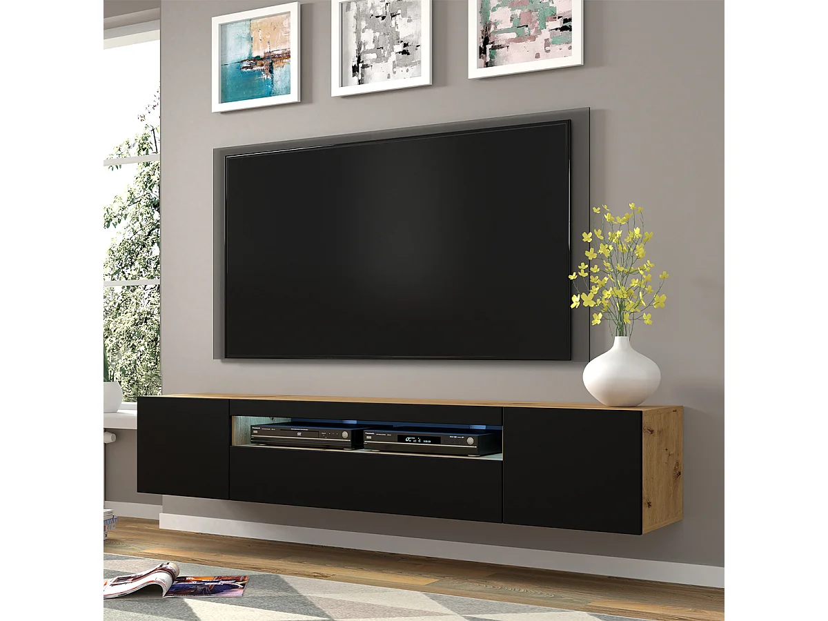 Aurus Zwart en Hout 3-deurs TV-element voor wandmontage, 200 cm