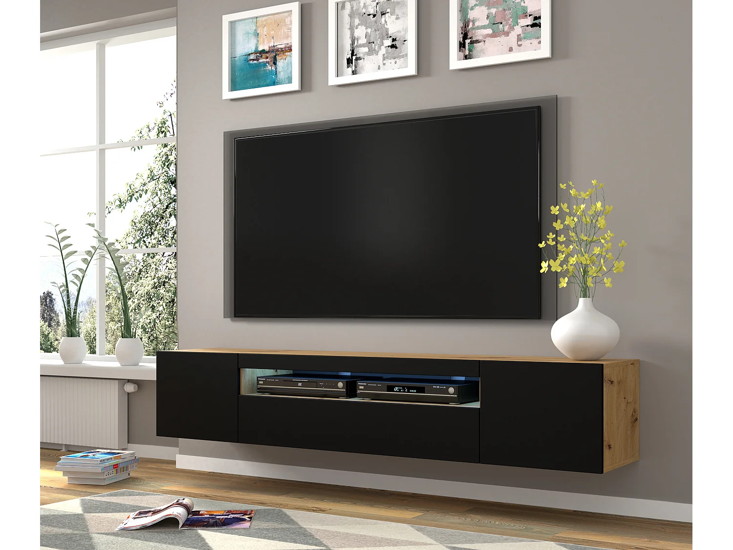 Aurus Zwart en Hout 3-deurs TV-element voor wandmontage, 200 cm