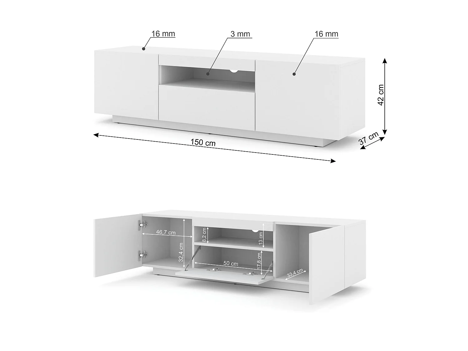 Aurus Wit 3-deurs LED TV-wandmeubel 150 cm